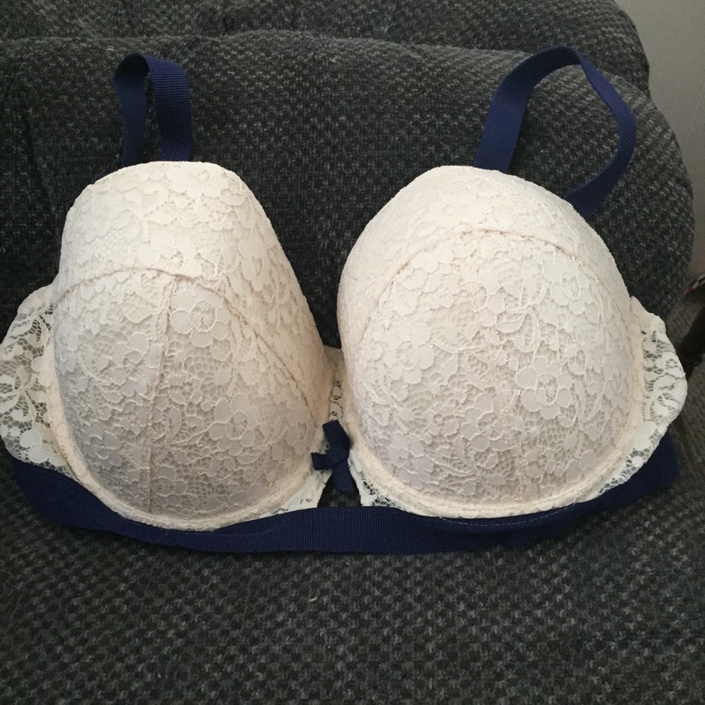 Navy and cream lace bra